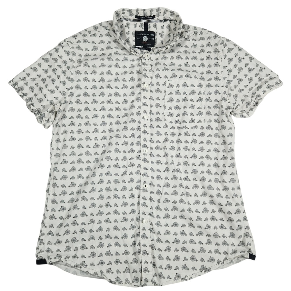 Cactus Man Button Down Mens Medium White Cotton Bicycle Print Slim Fit Casual